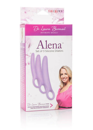 Purple silikon dilatoren set in rosa und weißer verpackung von calexotics dr laura berman alena mit 3 dilatoren
