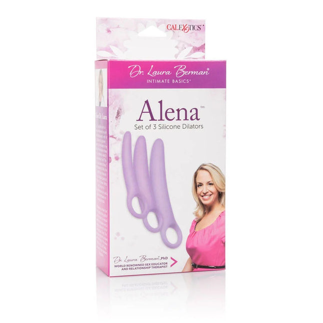 Purple silikon dilatoren set in rosa und weißer verpackung von calexotics dr laura berman alena mit 3 dilatoren