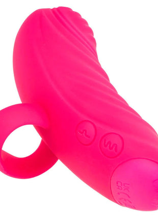 Vibrant pink silicone handmassager with rollball, textured ridges, and embossed control buttons by calexotics