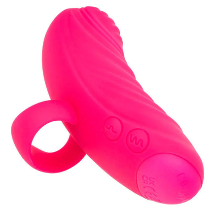 Vibrant pink silicone handmassager with rollball, textured ridges, and embossed control buttons by calexotics