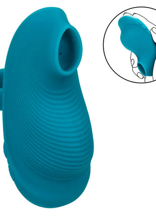 Teal silikon finger ring mit strukturierten rillen und rundem loch im calexotics envy handrolling ball massager blau