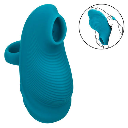 Teal silikon finger ring mit strukturierten rillen und rundem loch im calexotics envy handrolling ball massager blau