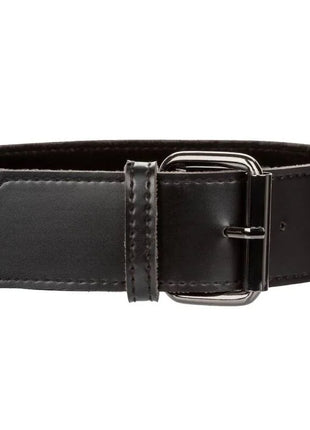 Schwarzer ledergürtel mit silberner schnalle und passender steppnaht im calexotics euphoria halsband mit kettenleine