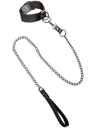 Schwarzes lederhalsband mit metallkette und griff von calexotics euphorie halsband mit kettenleine