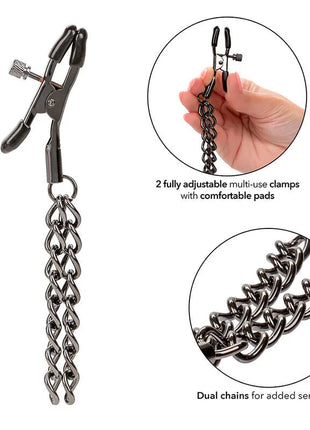 Schwarze metall-nippelklammern mit verstellbaren pads und doppelten ketten für intensivere stimulation von calexotics