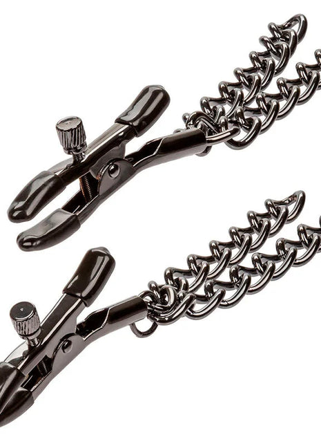 Schwarze metal nipple clamps mit ketten von calexotics euphorie 14,5 cm zur stimulierenden befestigung