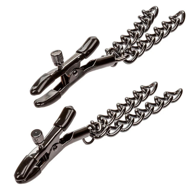 Schwarze metal nipple clamps mit ketten von calexotics euphorie 14,5 cm zur stimulierenden befestigung