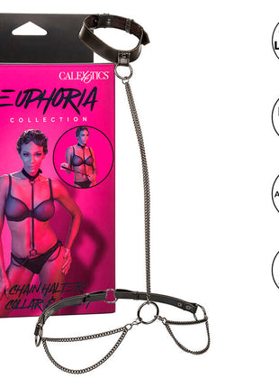 Calexotics euphoria schwarzes veganleder kettenhalfterhalsband und leine mit verstellbaren riemen und metallketten