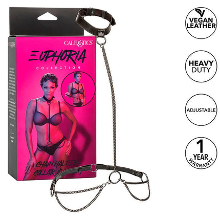 Calexotics euphoria schwarzes veganleder kettenhalfterhalsband und leine mit verstellbaren riemen und metallketten