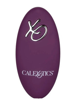 Purpurfarbener ovaler calexotics dual rider erwachsenenspielzeug mit silbernem logo und text visible
