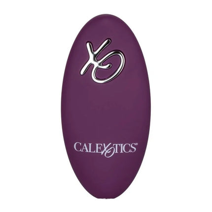 Purpurfarbener ovaler calexotics dual rider erwachsenenspielzeug mit silbernem logo und text visible