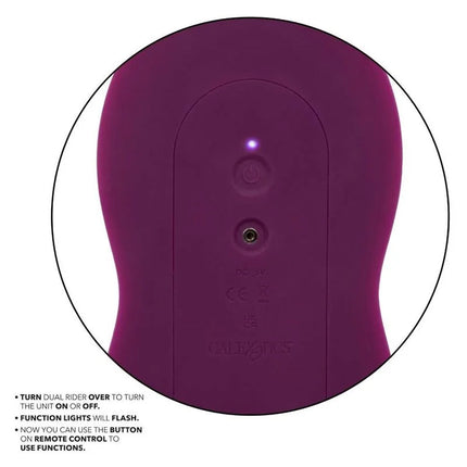 Lila silikon fernbedienung dual rider von calexotics mit power taste und usb anschluss rückseite
