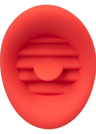 Vibrant rotes silikon ei förmiges objekt mit horizontalen rillen und zentraler kreisförmiger eindellung von calexotics französischer kiss sweet talker