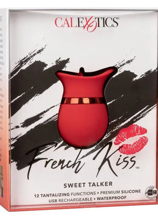 Rotes silikonspielzeug in rosenform mit goldenem band von calexotics namens französischer kiss sweet talker