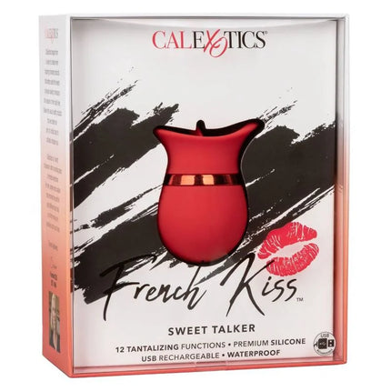 Rotes silikonspielzeug in rosenform mit goldenem band von calexotics namens französischer kiss sweet talker
