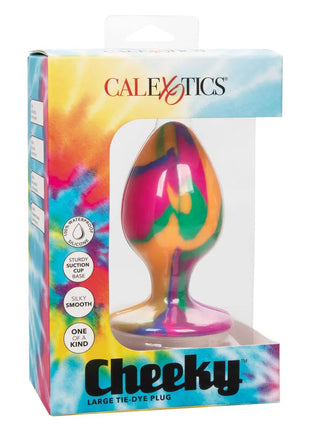 Der frecher grosser batik-plug anal von CalExotics ist ein großer regenbogenfarbener silikonplug mit saugnapfbasis