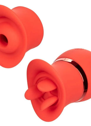 Vibrantes korallenfarbenes silikon-saugspielzeug mit metallischem akzentband von calexotics french kiss suck & play set