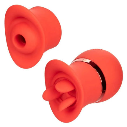 Vibrantes korallenfarbenes silikon-saugspielzeug mit metallischem akzentband von calexotics french kiss suck & play set
