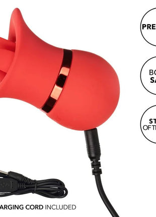 Roter silikon vibrator in rosenform mit metallakzent und usb-ladekabel aus dem calexotics french kiss suck & play set