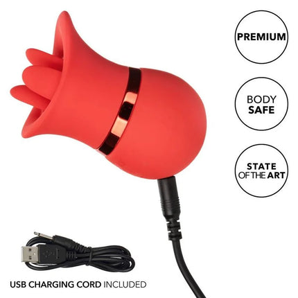 Roter silikon vibrator in rosenform mit metallakzent und usb-ladekabel aus dem calexotics french kiss suck & play set