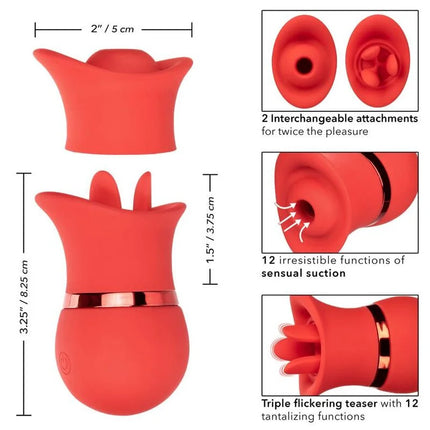 Roter silikon vibrator in rosenform mit goldfarbenem metallband und austauschbaren aufsätzen von calexotics french kiss suck play set