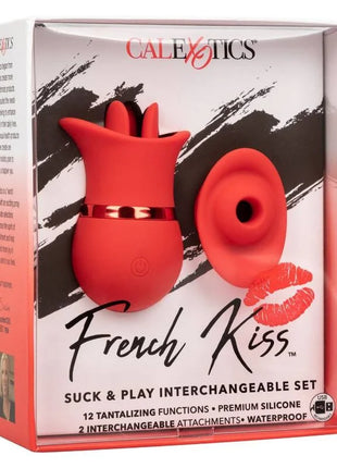 Rotes silikon toy set von calexotics french kiss mit rosenförmiger basis und austauschbaren aufsätzen