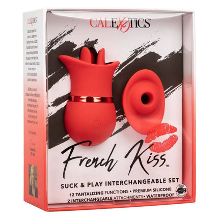 Rotes silikon toy set von calexotics french kiss mit rosenförmiger basis und austauschbaren aufsätzen
