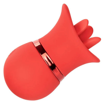 Rotes silikonspielzeug mit einem metallischen rosegold akzentband von calexotics french kiss suck and play set