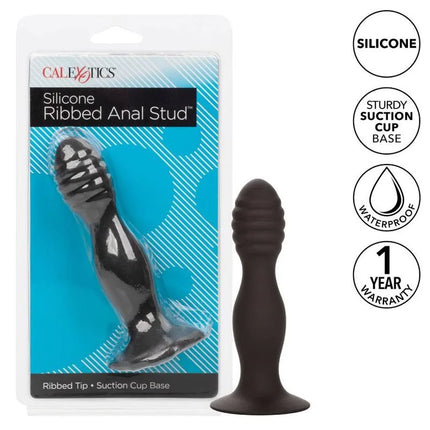 Schwarzer silikon gerippter anal-stud mit saugnapfbasis von CalExotics frontalansicht