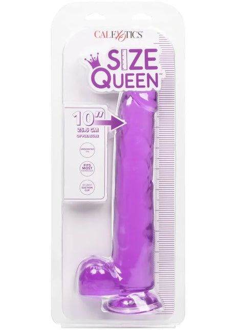 Calexotics größe königin dildo lila 25,5 cm aus silikon in transparenter verpackung mit maßangaben
