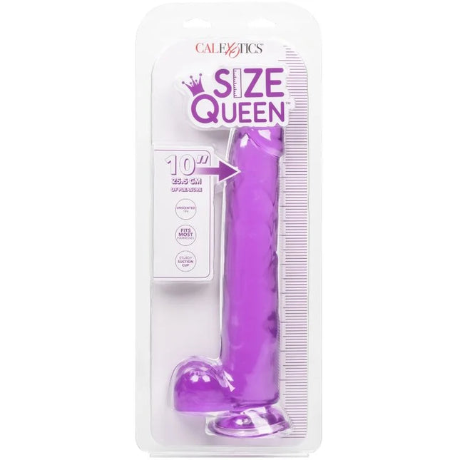 Calexotics größe königin dildo lila 25,5 cm aus silikon in transparenter verpackung mit maßangaben