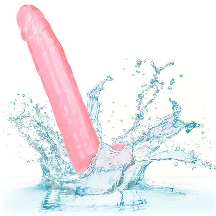 Rosafarbener silikon-dildo größe königin 25,5 cm mit strukturierter oberfläche und abgerundetem spitzenteil teils im spritzwasser