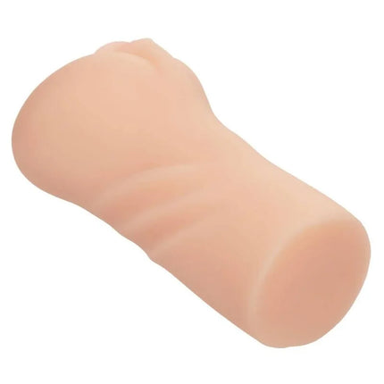 Ein pfirsichfarbener, texturierter silikon-dildo mit abgerundeten enden aus dem produkt calexotics günstige genießungen zum ersten mal
