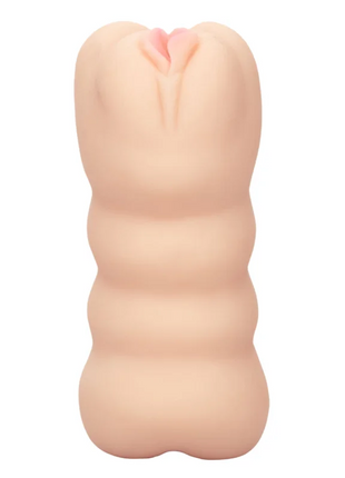 Beige silikonspielzeug mit strukturierter segmentierter körper und rosa innendetail für güstige nervenkitzel von calexotics