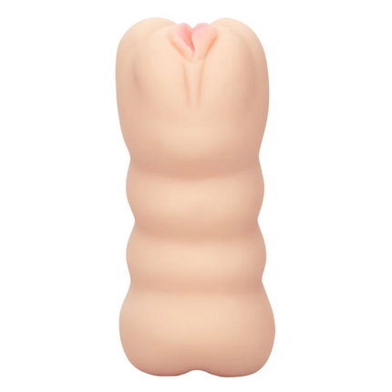Beige silikonspielzeug mit strukturierter segmentierter körper und rosa innendetail für güstige nervenkitzel von calexotics