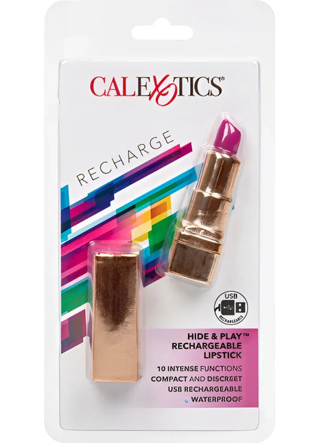 Gold-finish lippenstift mit vibrantem magenta-stift im blisterpack labeled calexotics recharge lila