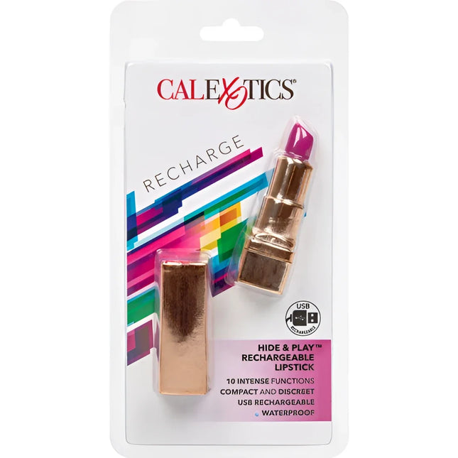 Gold-finish lippenstift mit vibrantem magenta-stift im blisterpack labeled calexotics recharge lila