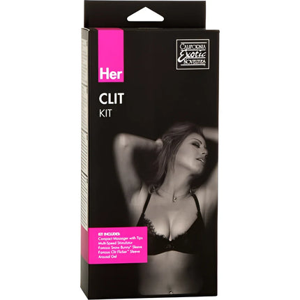 Schwarzes und pinkes verpacktes her clit kit von california exotic actives mit frau in schwarzer spitzenunterwäsche auf der box