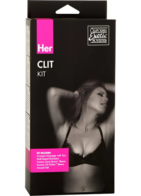 Schwarzes und pinkes verpacktes her clit kit von california exotic actives mit frau in schwarzer spitzenunterwäsche auf der box