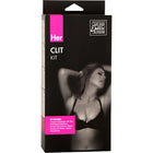 Schwarzes und pinkes verpacktes her clit kit von california exotic actives mit frau in schwarzer spitzenunterwäsche auf der box