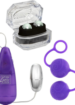 Purpurfarbene silikon-ei-vibratoren mit wirbelmustern und ringgriffen von calexotics im ihr kegel kit