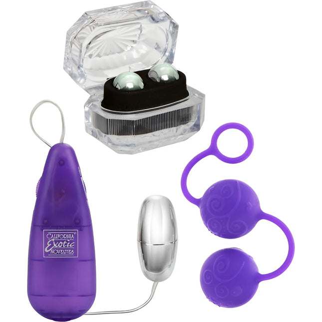 Purpurfarbene silikon-ei-vibratoren mit wirbelmustern und ringgriffen von calexotics im ihr kegel kit