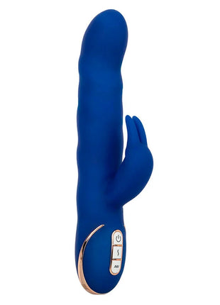 Calerotiks jack rabbit vibrator wellenbewegung blau aus blauem silikon mit rosegold akzent und bedientasten