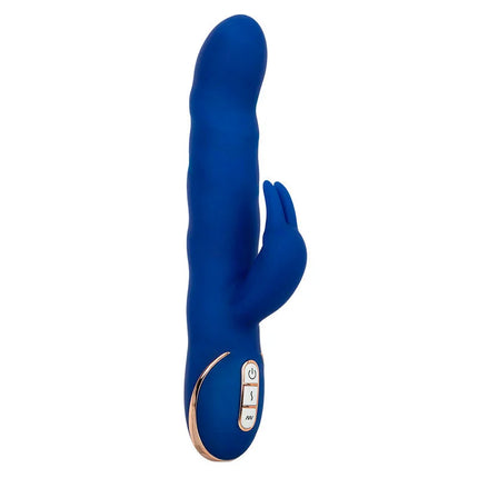 Calerotiks jack rabbit vibrator wellenbewegung blau aus blauem silikon mit rosegold akzent und bedientasten
