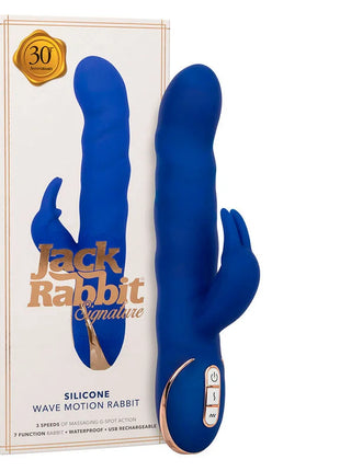 Calexotics jack rabbit vibrator wellenbewegung blau aus silikon mit rosegold akzenten und steuerungsknöpfen