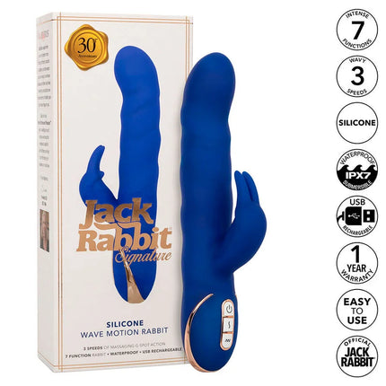Calexotics jack rabbit vibrator wellenbewegung blau aus silikon mit rosegold akzenten und steuerungsknöpfen