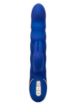 Blauer silikon jack rabbit vibrator von calexotics mit wellenbewegung und drei steuerknöpfen am fußende