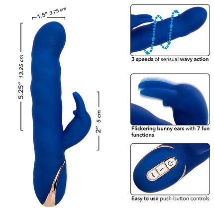 Blue silikon jack rabbit vibrator von calexotics mit goldakzenten und push-button steuerung für wellenbewegung