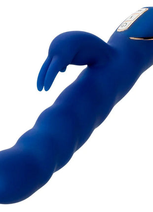 Blauer silikon jack rabbit vibrator von calexotics mit goldfarbenen steuerungstasten und wellenbewegung
