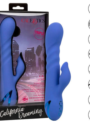Blauer silikon vibrator und sauger mit ergonomischem design und drei steuerungstasten von calexotics california dreaming